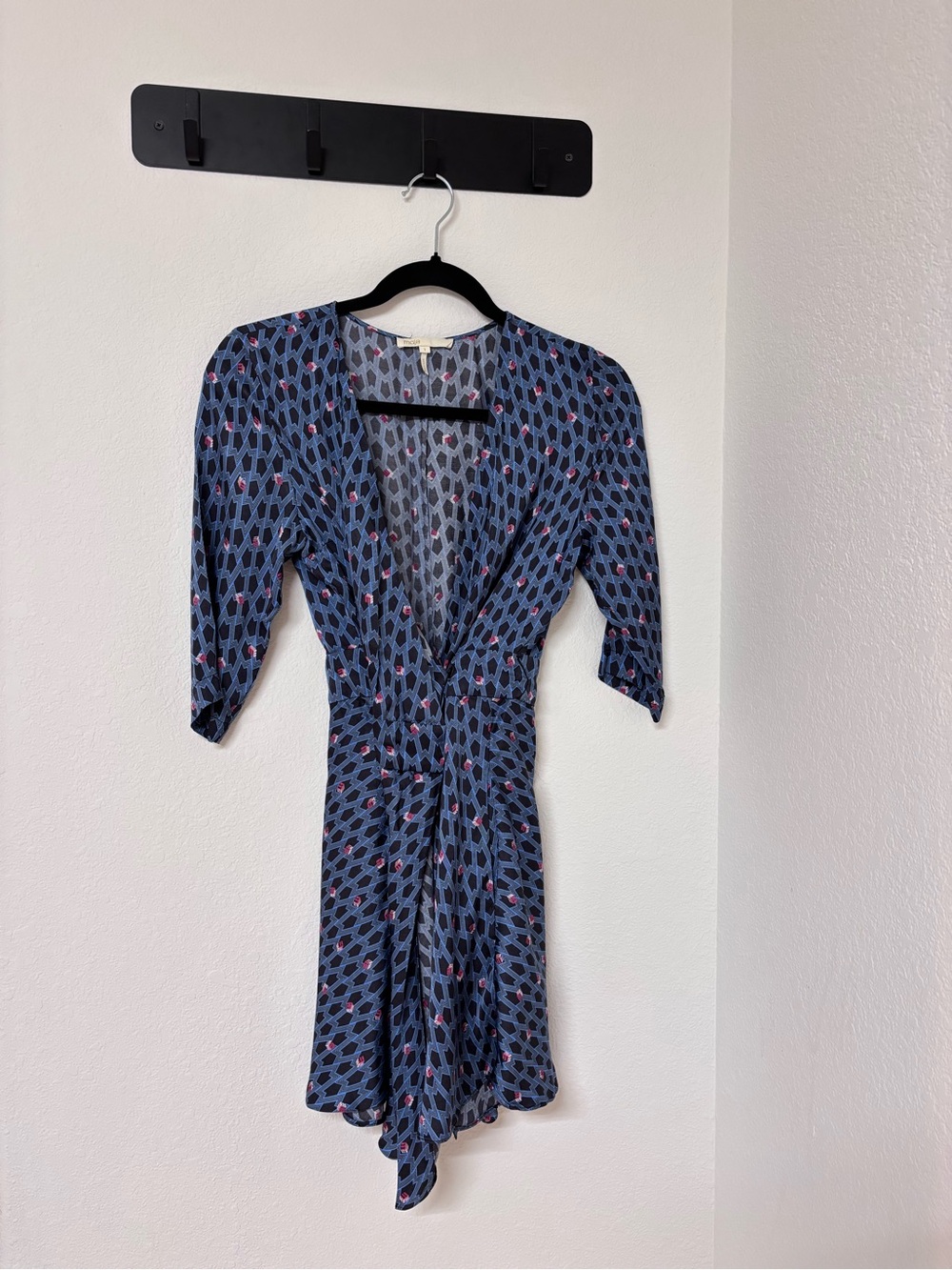 Maje Blue Geometric Wrap Dress with Pink Dot Accents